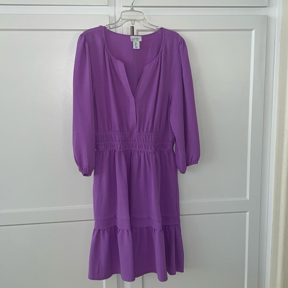 Lavender dress by Nicole Miller.